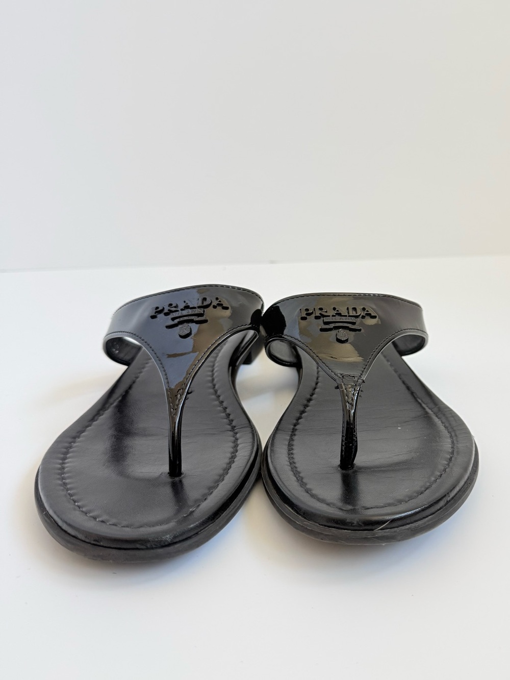 Prada Vernice Patent Leather Logo Thong Sandals Black Flat Slides EU 38 - Picture 3 of 11